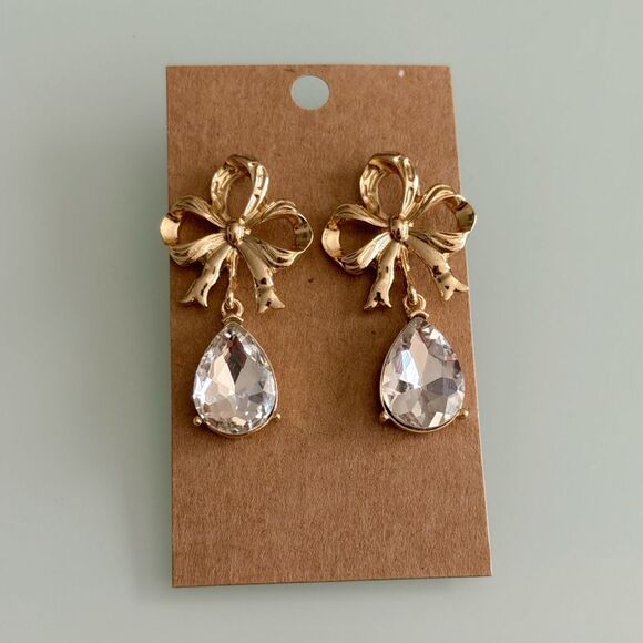 Gold Bow Earrings with Crystal Drop A1079 - Picture 4 of 4